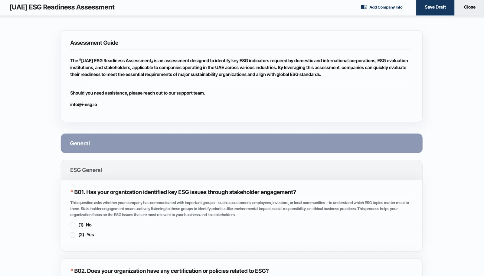UAE ESG Readiness Assessment questionnaire showing the assessment guide and a question on stakeholder engagement