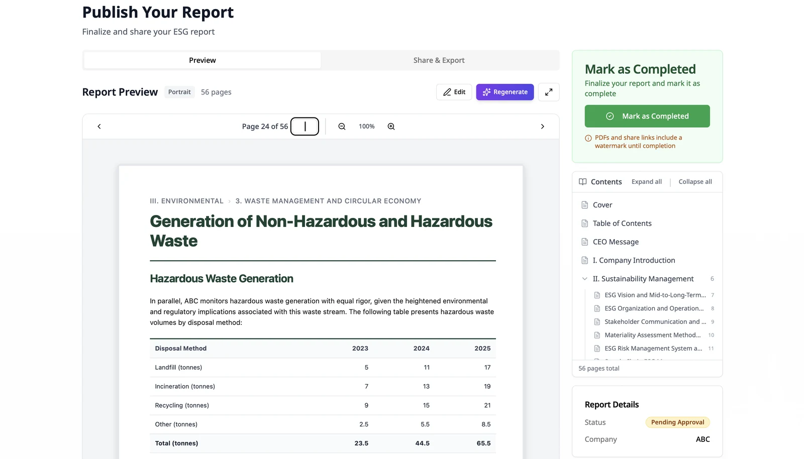 Report builder preview of a 56-page sustainability report, open at a page on hazardous waste with a three-year table
